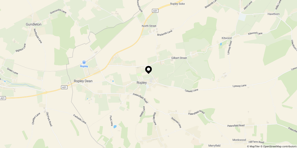 Approximate location of Rowdell Cottages, Gascoigne Lane, Ropley, SO24 0BU