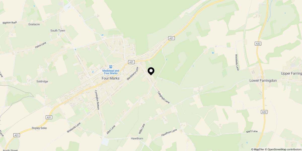 Approximate location of Telegraph Lane, Four Marks, GU34 5AX